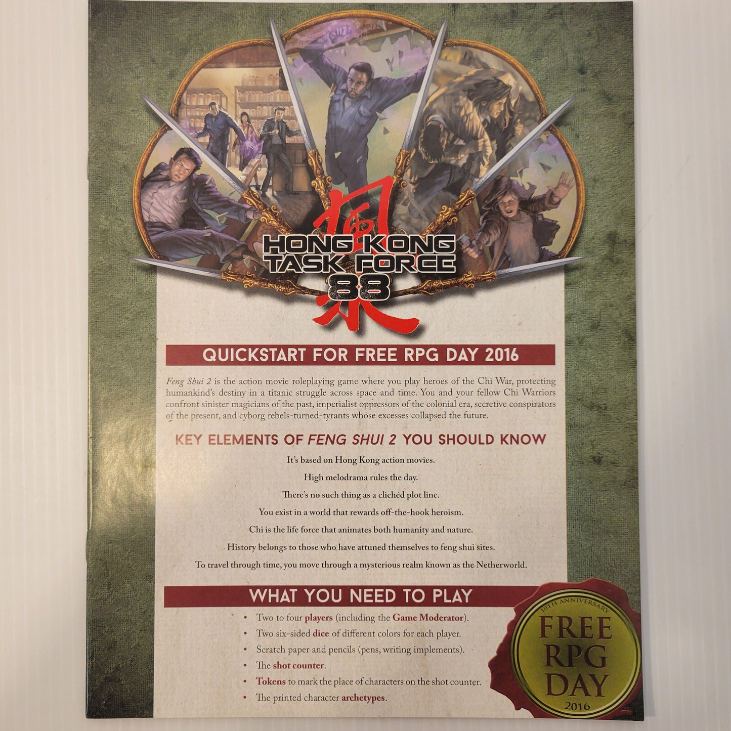 Feng Shui 2 Free RPG Day 2016 Quickstart Rules Hong Kong Task Force 88 Adventure