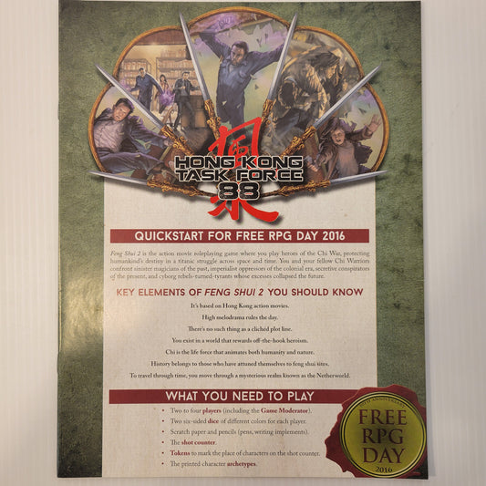 Feng Shui 2 Free RPG Day 2016 Quickstart Rules Hong Kong Task Force 88 Adventure